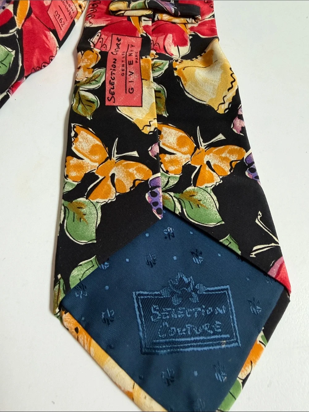 Givenchy Couture Black Silk Tie Red, Purple & Yellow Floral Butterfly Print